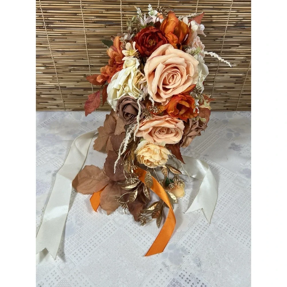 Wedding Bridal Floral Bouquet Real Touch Silk Orange Terracotta Flower 11